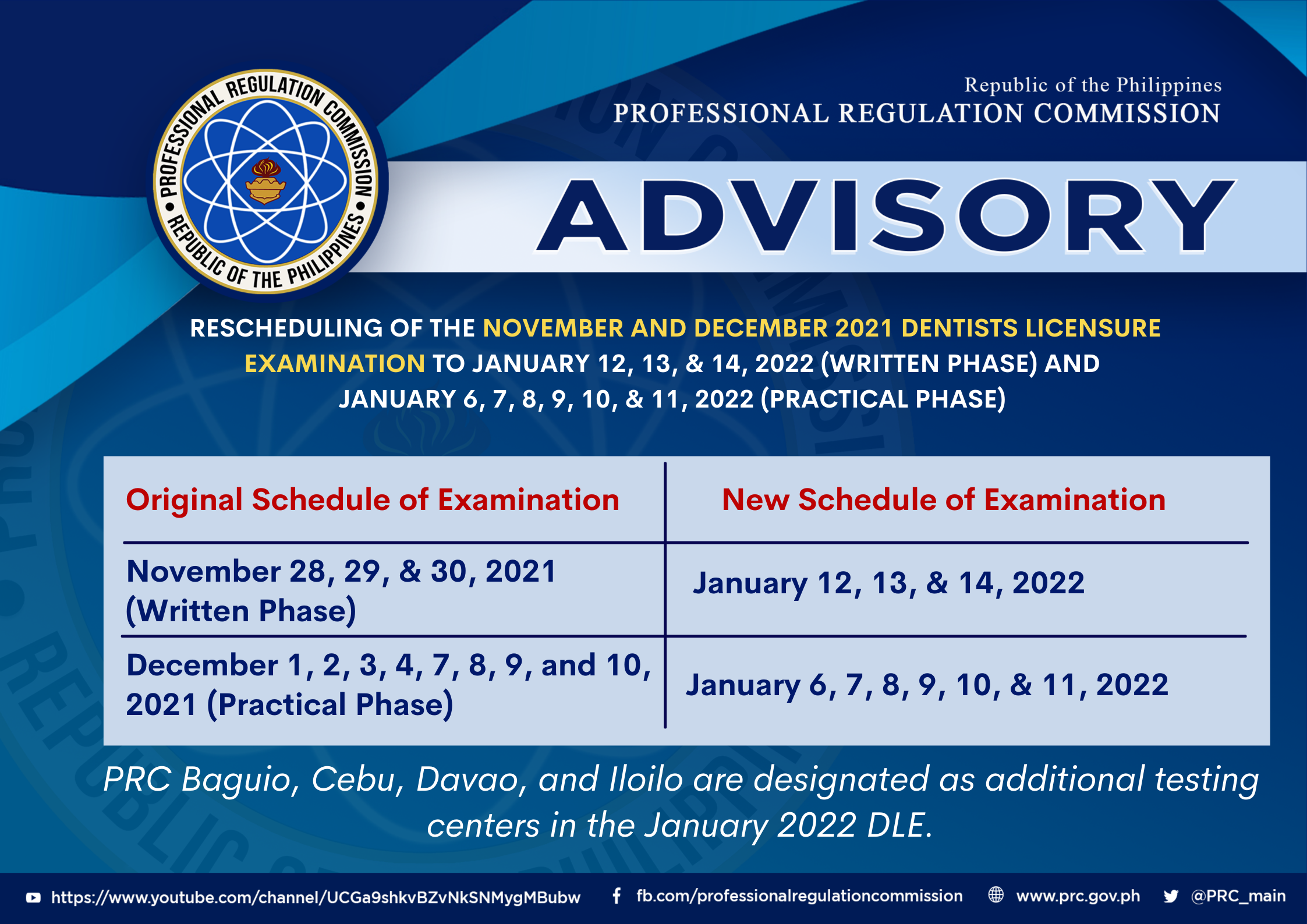 Rescheduling Of The November And December 2021 Dentists Licensure ...